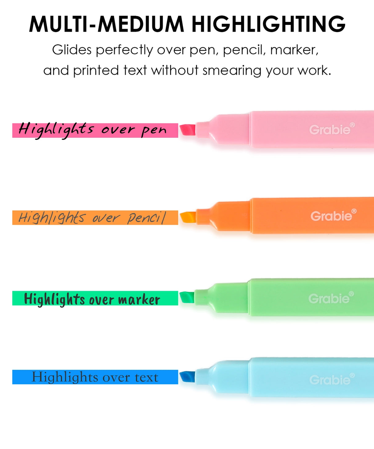 Add a pop of vibrant color and a burst of fruity fragrance to your notes with the Grabie 6 Scented Highlighters set! These premium highlighters combine bold neon inks with a smooth, smudge-free formula that is perfect for studying, planning, and creative journaling.
6 DELICIOUS FRUIT SCENTS - Make your notes smell as good as they look! Each of the six highlighters features its own unique, delightful fruit fragrance corresponding to its neon color: strawberry, orange, lemon, apple, blueberry, and grape.
FAS