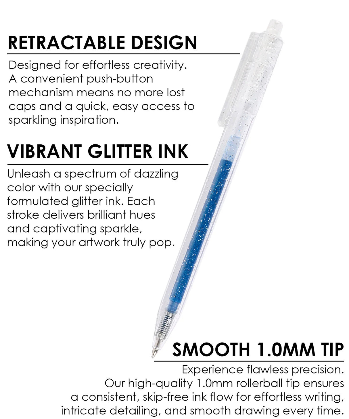 Get ready to elevate your artwork with the Retractable Glitter Gel Ink Pen Set of 18. This collection delivers a dazzling spectrum of vibrant color and captivating sparkle, perfect for everything from adult coloring and journaling to intricate craft projects. Designed for immediate inspiration, these pens feature a seamless push-button design and a precision 1.0mm tip for smooth, skip-free glitter lines every time.