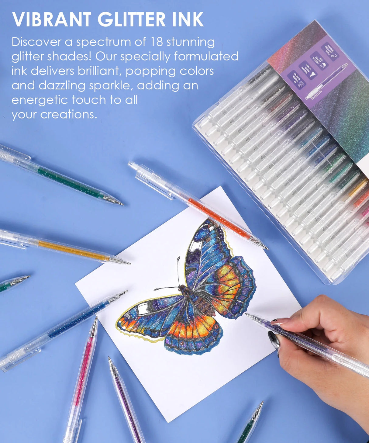 Get ready to elevate your artwork with the Retractable Glitter Gel Ink Pen Set of 18. This collection delivers a dazzling spectrum of vibrant color and captivating sparkle, perfect for everything from adult coloring and journaling to intricate craft projects. Designed for immediate inspiration, these pens feature a seamless push-button design and a precision 1.0mm tip for smooth, skip-free glitter lines every time.