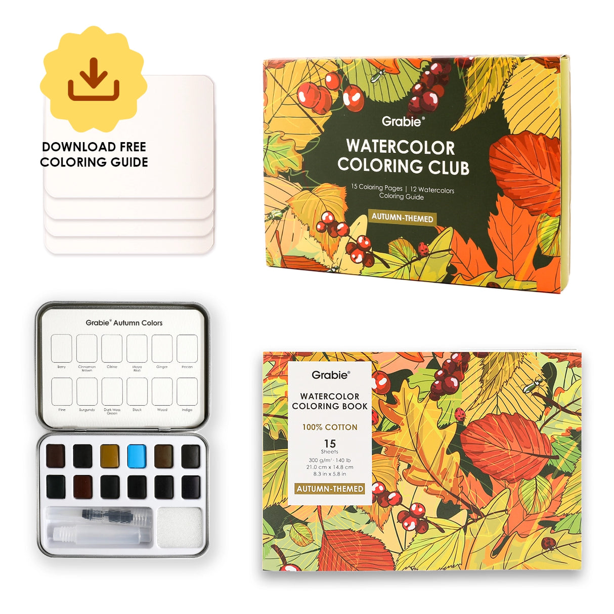 Introducing the "Autumn-Themed Watercolor Coloring Club Box," a charming set for all ages. It includes a 12-color watercolor pocket set inspired by fall and a 15-sheet coloring pad—perfect for capturing the season’s warmth.
Capture Autumn's Beauty - Celebrate autumn with 12 carefully selected shades inspired by the season. The included 15-sheet coloring pad gives you the ideal surface to explore rich tones and seasonal charm in every brushstroke.
Premium Paper & Coloring Guide - Scan the QR code for a fre