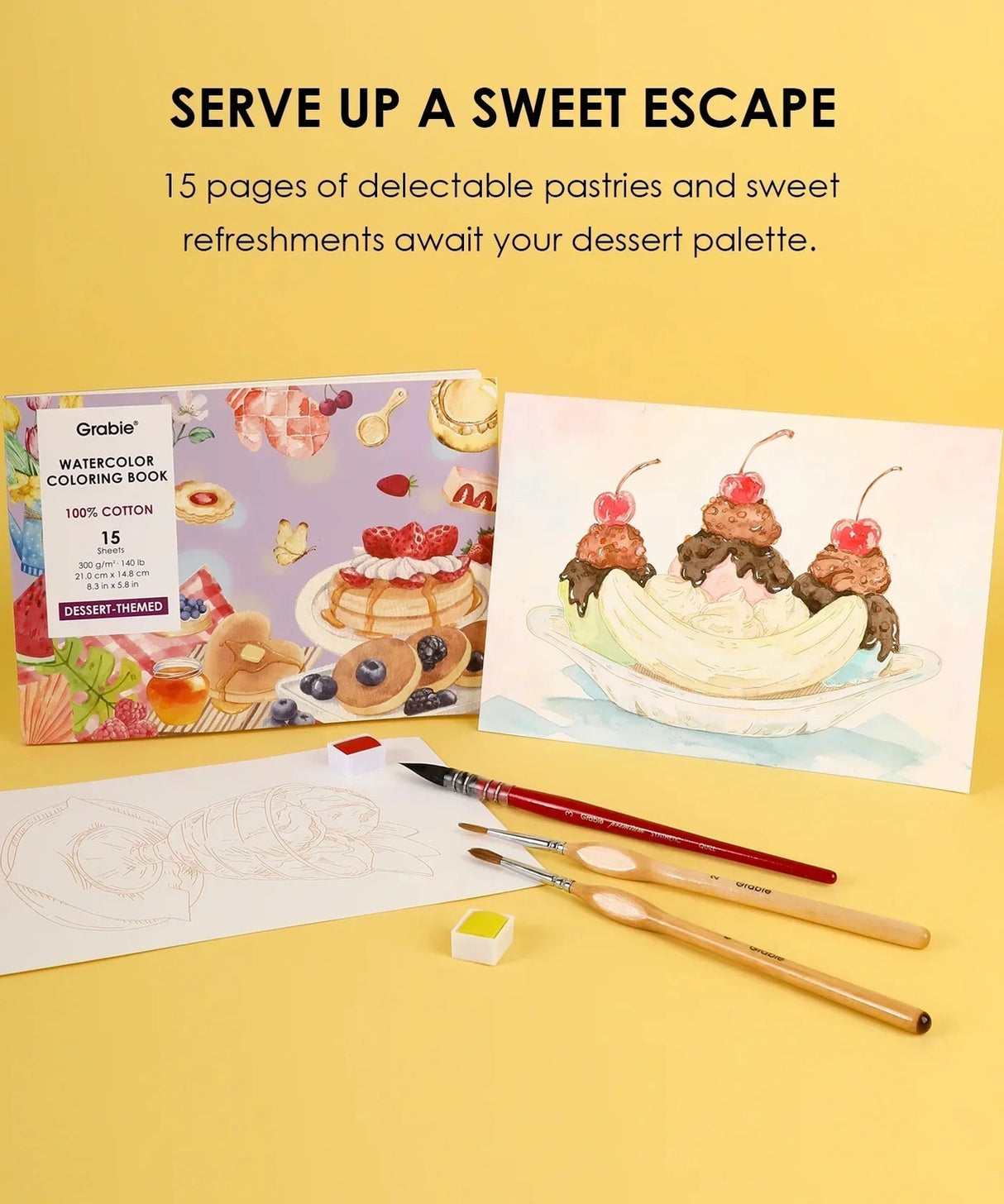 INDULGE YOUR CREATIVITY
Treat yourself to the sweetest watercolor adventure and build a colorful haven for your imagination. This delightful bundle comes with our custom 12-color Dessert palette and a whimsical coloring book featuring 15 pages of mouth-watering treats—from stacked pancakes and boba tea to elegant tiered cakes and delicate macarons. Bring these cozy, bakery-inspired scenes to life and watch your skills flourish!
A SWEET SETTING FOR CREATIVE ARTISTS
Embark on a delicious creative journey wit