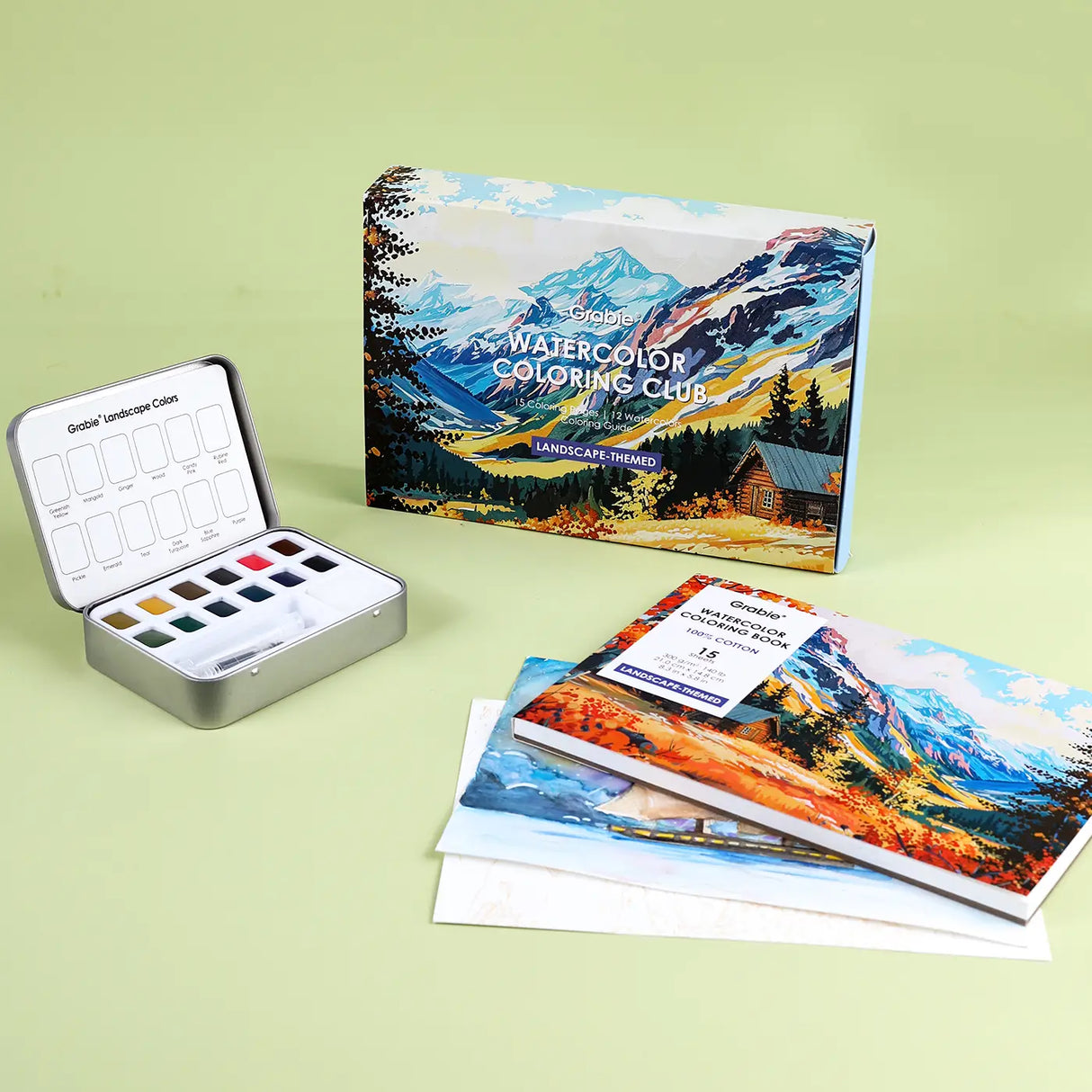 Grabie Watercolor Coloring Club Box - Landscape
A Landscape Coloring Journey – Perfect for nature lovers! This bundle includes a portable watercolor set and a beautifully illustrated coloring book, ideal for all skill levels. Enjoy a relaxing coloring experience.
Perfect Pairing for Nature Lovers – Thoughtfully designed, this set features a 12-color watercolor pocket set, curated with shades that capture the essence of nature, and a 15-sheet, 140LB landscape-themed watercolor coloring book.