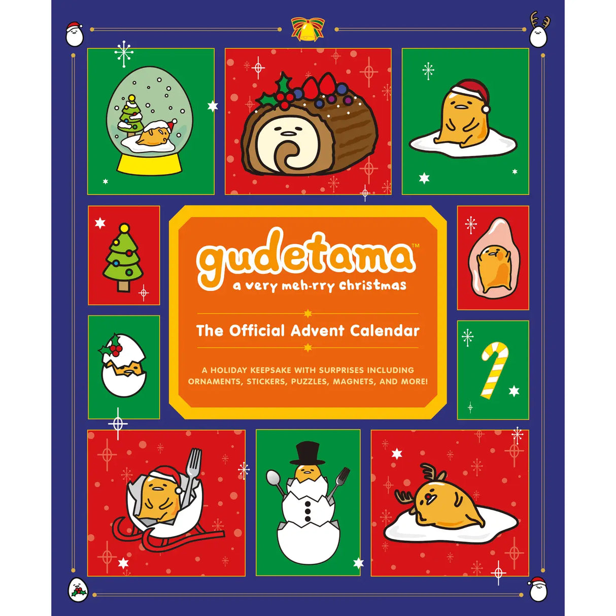 Your Christmas season just got a lot more meh-rry with this officially licensed, first-of-its-kind Gudetama advent calendar. With a Christmas surprise hiding in each of the 25 pockets, there is something here to make even the most apathetic Gudetama fan feel pure holiday joy.
25 Pockets of Surprises: Each window includes a new delight for each day, including 4 puffy stickers, 4 magnets, 4 ornaments, 4 mini greeting cards and envelopes, 4 pins, 2 mini puzzles (each with 18 pieces), 2 magnetic page clips, an