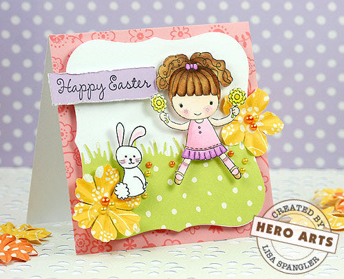 Sello de niña sosteniendo flores