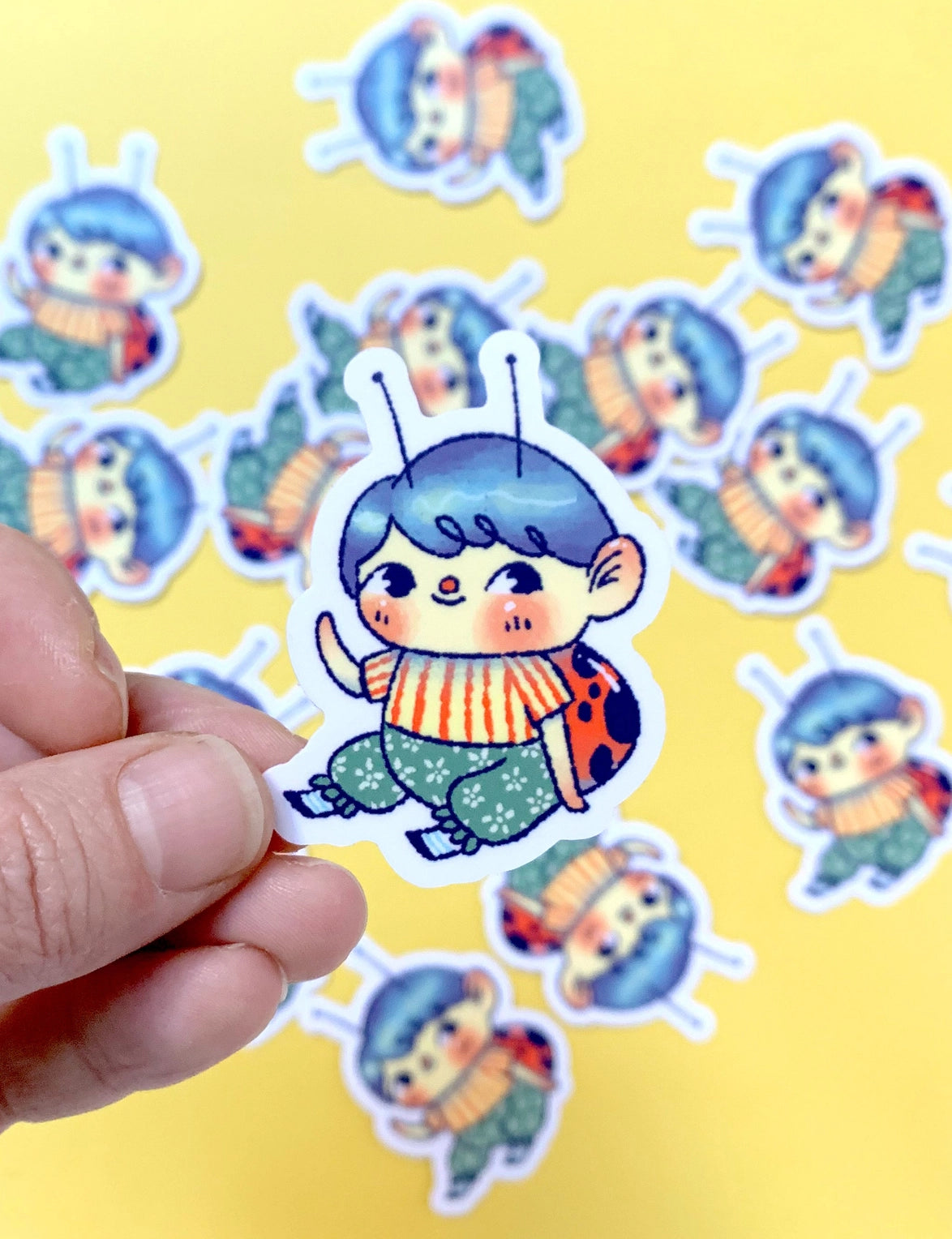 "Bug Boy" Vinyl Sticker made from Hannakin illustration.
Made from a durable vinyl with a laminate that protects it from scratching, rain and sunlight.
Sticker measures 40mm x 50mm.