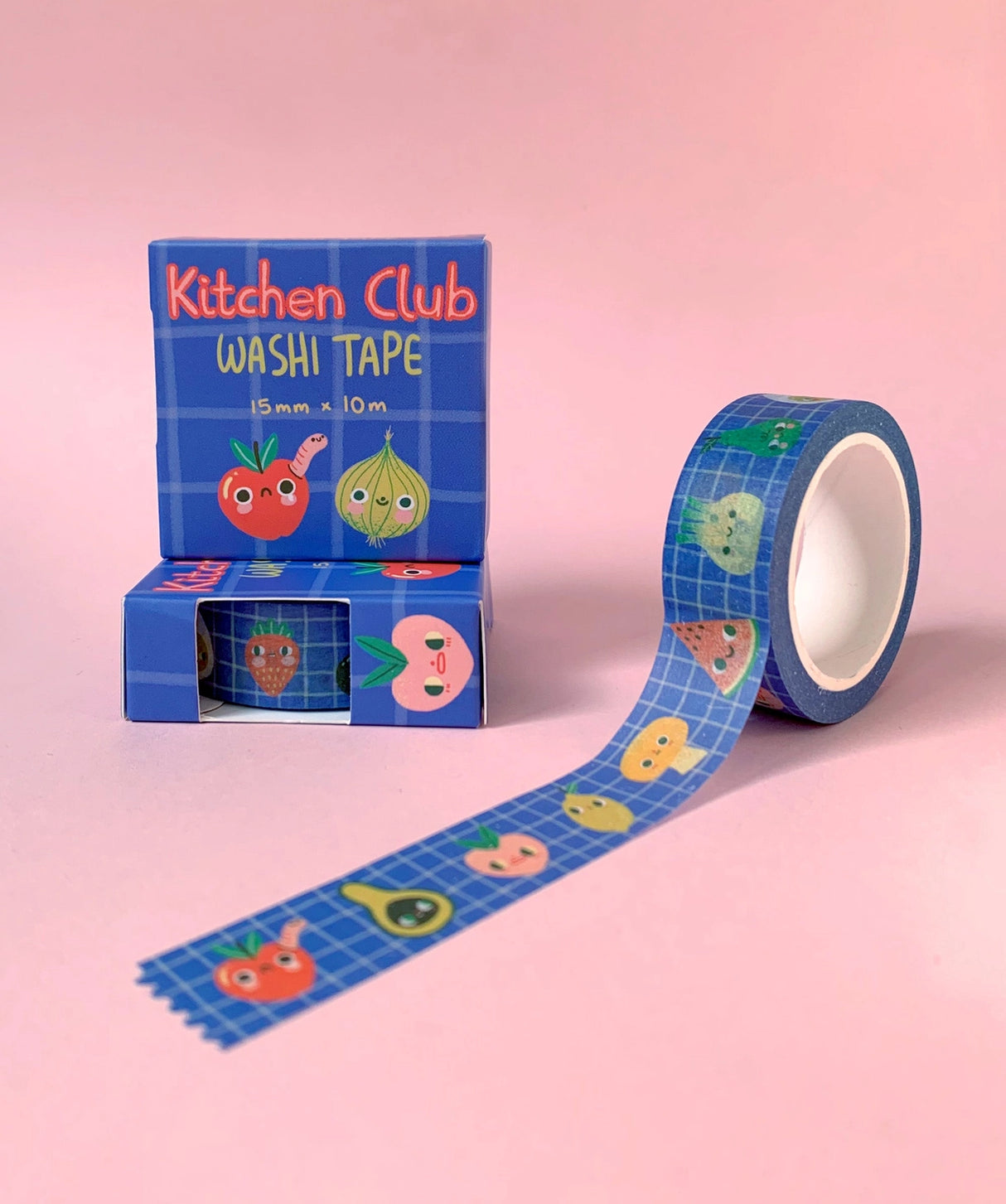 'Kitchen Club' washi tape roll, 15mm H x 10m L, in a recyclable card box.
Cute collection of fruit and veggie pals on a wobbly-check blue background.