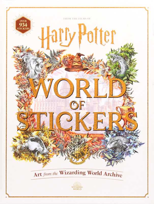 This keepsake book includes more than 934 full-color stickers and showcases unique art inspired by the Harry Potter films.
Create magical decorations and designs with the more than 934 stickers in this collectible book that features Harry Potter film-inspired art! Along with stickers of house crests and banners, Patronus guardians, fantastic beasts, Quidditch equipment, the Yule Ball, images from Diagon Alley—including Weasleys’ Wizard Wheezes and Ollivanders Wand Shop.