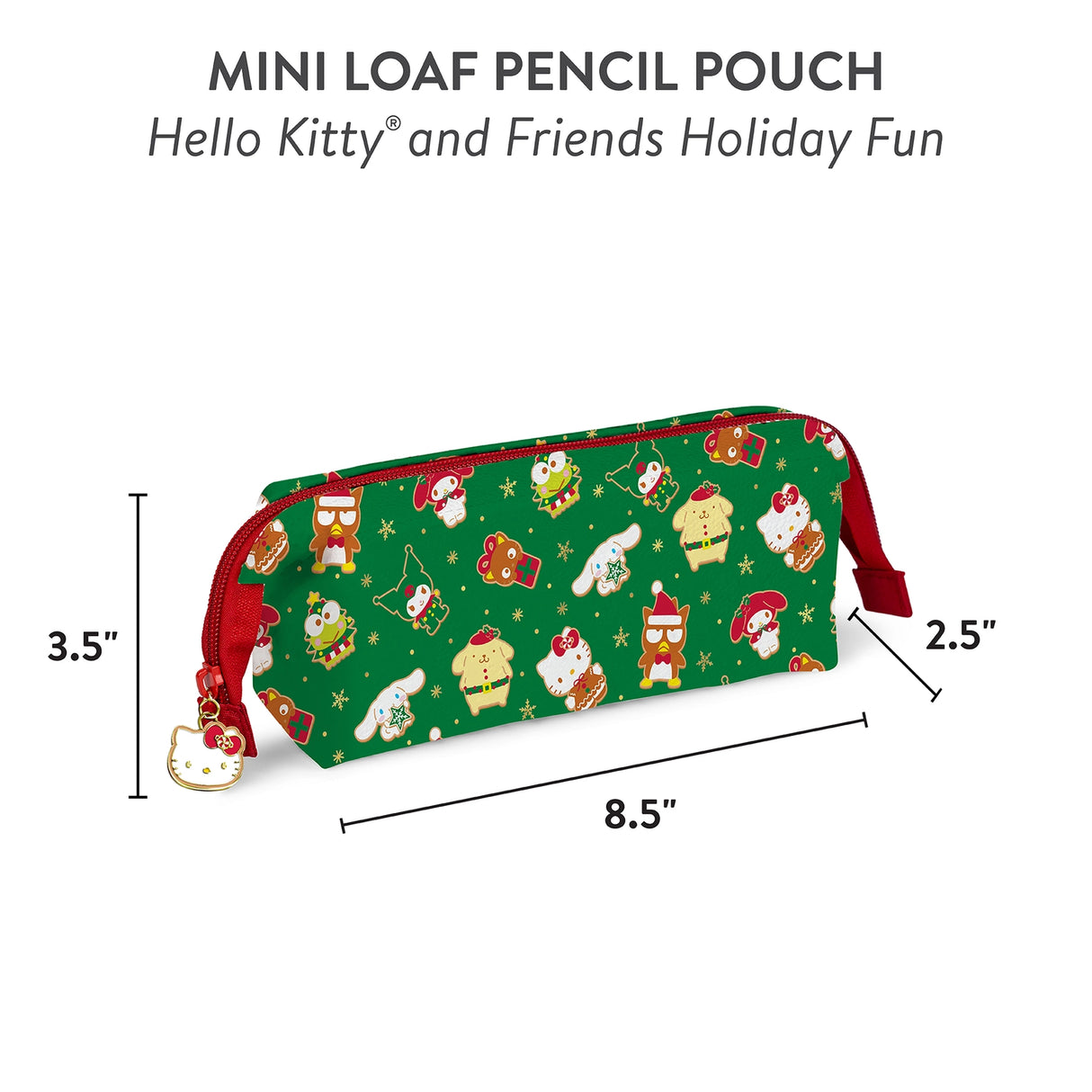 Meet your new favorite stationery essential! Featuring a festive holiday Hello Kitty and Friends pattern, this perfectly sized pouch is the ideal home for your pens, pencils, and other small writing supplies. The smooth-glide zipper keeps everything secure, but the true showstopper is the irresistible Hello Kitty-shaped zipper charm! This pouch makes the perfect Christmas gift for students, coworkers, or any Hello Kitty fan!