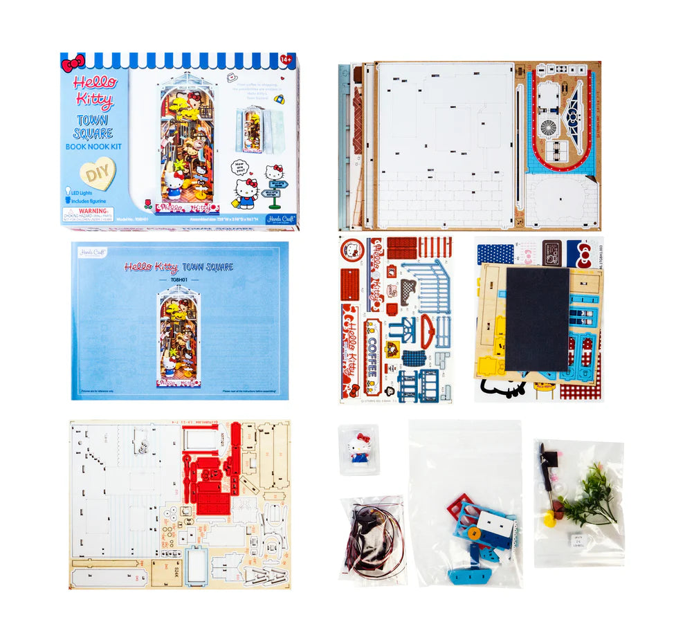 Step into the delightful world of Hello Kitty Town Square with this charming DIY miniature book nook! This beautifully crafted scene features a cozy alleyway filled with inviting cafes, lush plants, and charming little shops, capturing the peaceful vibe of a lively town square. At the heart of the alley, Hello Kitty stands happily, adding a sense of joy and warmth to the entire scene.