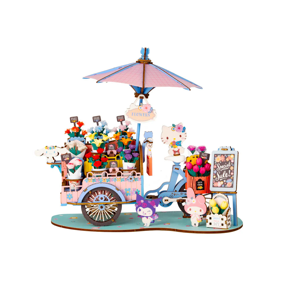 Unleash your creativity with this charming DIY 3D wooden puzzle featuring Hello Kitty and her adorable friends! This fun and engaging kit lets you build a beautiful flower cart filled with vibrant, colorful flowers. Perfect for fans of Hello Kitty, the puzzle includes Hello Kitty, Kuromi, My Melody, and Cinnamoroll, each adding their own unique charm to the scene.