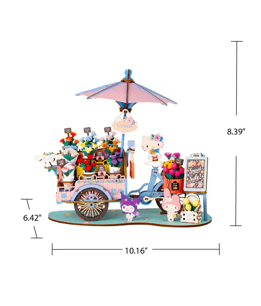 Unleash your creativity with this charming DIY 3D wooden puzzle featuring Hello Kitty and her adorable friends! This fun and engaging kit lets you build a beautiful flower cart filled with vibrant, colorful flowers. Perfect for fans of Hello Kitty, the puzzle includes Hello Kitty, Kuromi, My Melody, and Cinnamoroll, each adding their own unique charm to the scene.