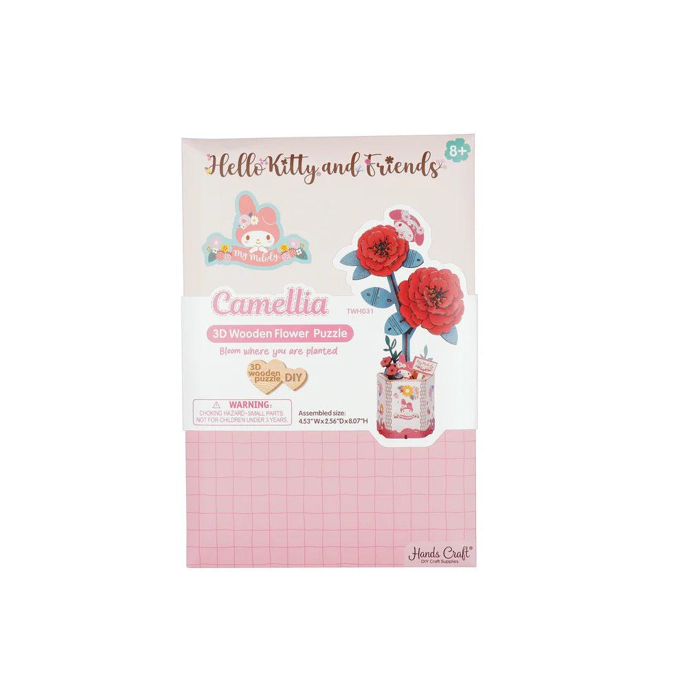 This 3D Wooden Puzzle Kit from Hands Craft lets your creativity bloom as you build a beautiful red camellia flower featuring the beloved My Melody character from Hello Kitty and Friends. Made from high-quality natural wood, the pieces fit together precisely, offering a fun and rewarding challenge for both adults and kids.