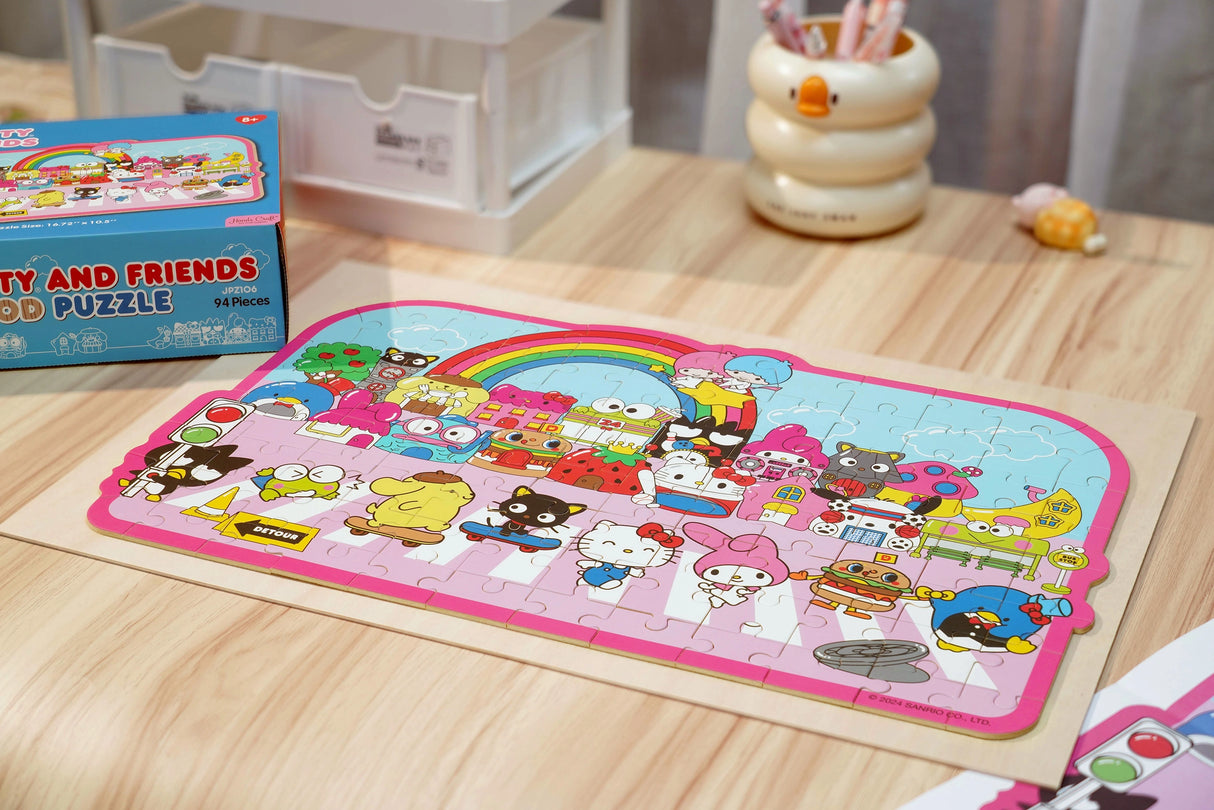 Discover joy with the Hello Kitty Wooden Jigsaw Puzzle: Street with Shops (94pcs). This officially licensed Sanrio product features iconic Hello Kitty in 94 vibrant wooden pieces. Crafted for durability and a seamless fit, it's a delightful challenge for fans of all ages 8+. Embrace positivity and bring Hello Kitty to life with this charming puzzle – perfect for relaxation and family fun. Display your completed masterpiece proudly and celebrate the timeless appeal of Hello Kitty.