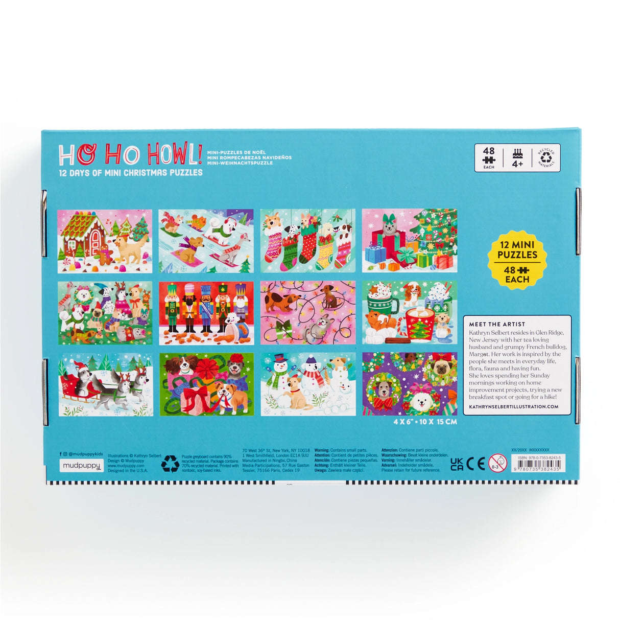COUNTDOWN PUZZLE – Countdown the 12 days of Christmas with our Ho Ho Howl Countdown Puzzle Set. Open the cover flap to find 12 perforated windows, each with a 48-piece mini puzzle inside. A double-sided insert provides an image reference for each mini puzzle.
BRIGHT AND BOLD ARTWORK – This Ho Ho Howl Countdown Puzzle features the cutest dogs partaking in Christmas customs like sledding, building a gingerbread house and of course drinking hot chocolate!
