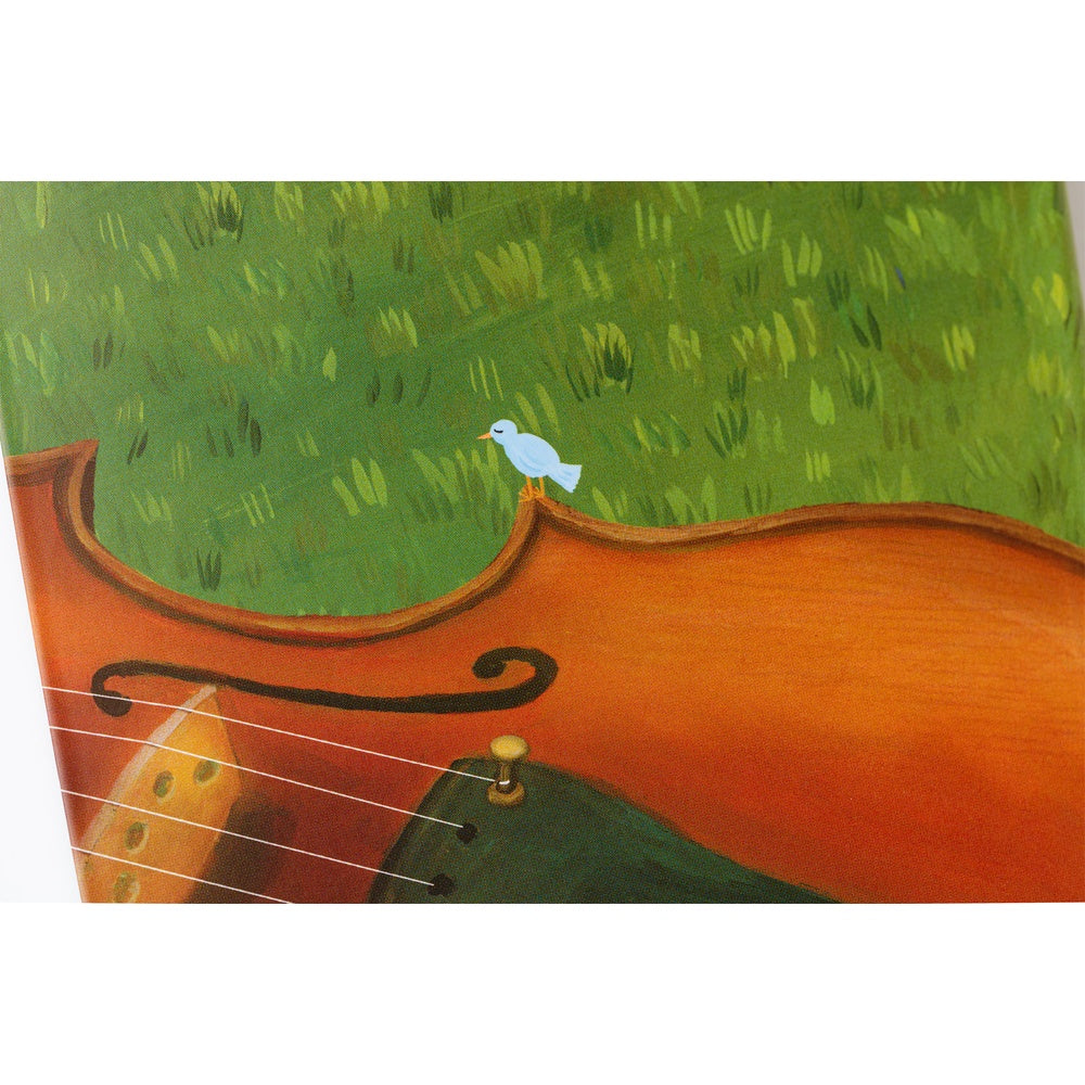 Also on the back cover are a large violin and a small blue bird. Perhaps, this little bird is also patiently waiting for the perfect time to sing its song, or maybe even to pluck the strings of the violin for a performance.