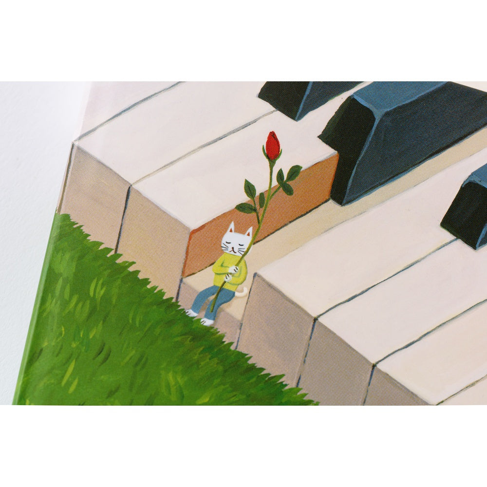 A white cat that is cradling a red flower bud as if it were something precious.
It seems like it’s listening closely for something. Like it might be waiting for something...That’s the tale its expression seems to be telling.