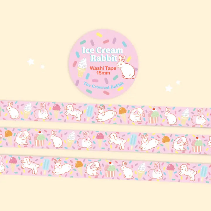 15mm washi tape featuring rabbits and ice cream!
Comes wrapped in protective plastic with sticker label packaging.
Includes 1 roll of washi tape. 