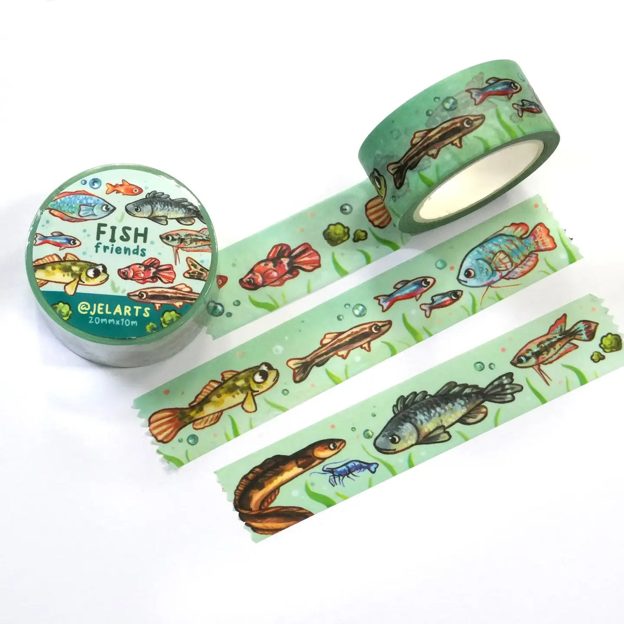 Various cute fish on a roll of washi tape.
20mm wide x 10m length
Great for decorating journal spreads, sketchbooks, scrapbooks, and more!
Plastic wrapped with a label on one side