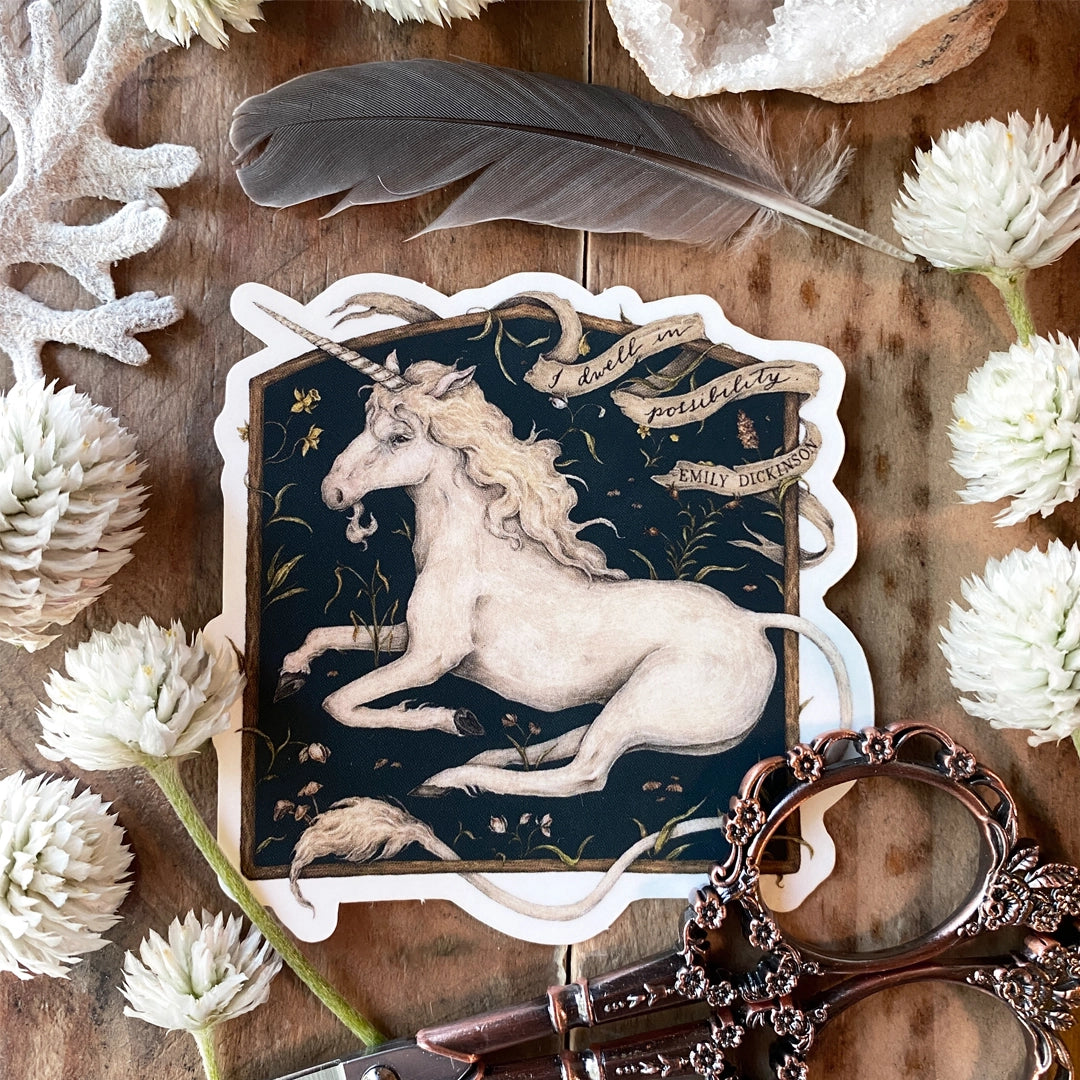 Vinyl semi-transparent sticker of I Dwell in Possibility, by Jessica Roux.
The edges of the sticker are transparent, but the image is opaque.
Sticker measures 3" x 3" and has a matte, soft-touch feel.