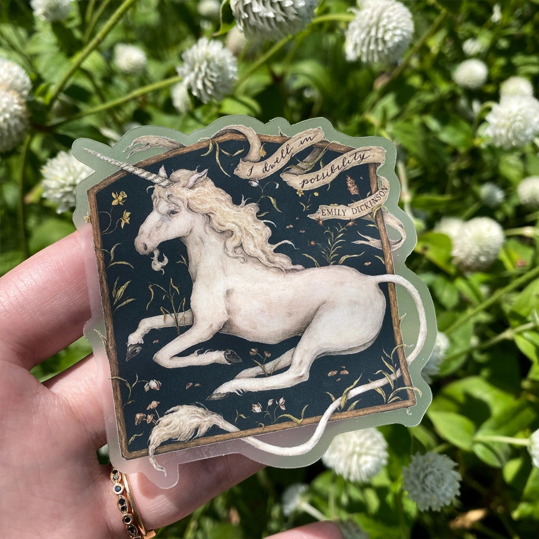 Vinyl semi-transparent sticker of I Dwell in Possibility, by Jessica Roux.
The edges of the sticker are transparent, but the image is opaque.
Sticker measures 3" x 3" and has a matte, soft-touch feel.