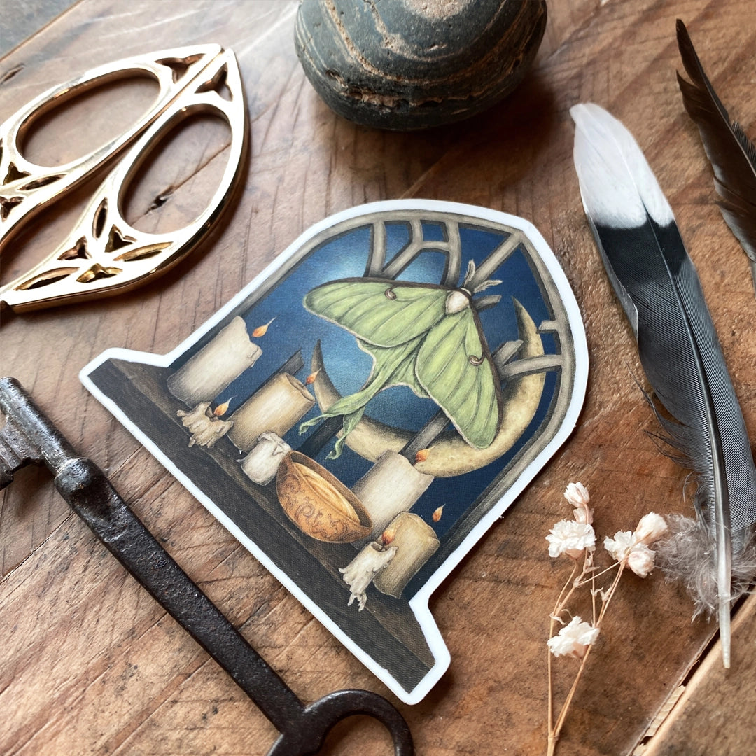 Vinyl sticker of a luna moth and moon at a window, illustrated by Jessica Roux. The window has a matte mirror-effect, glowing with the moonlight.
Sticker measures 2.2" x 2.8" and has a matte, soft-touch feel.