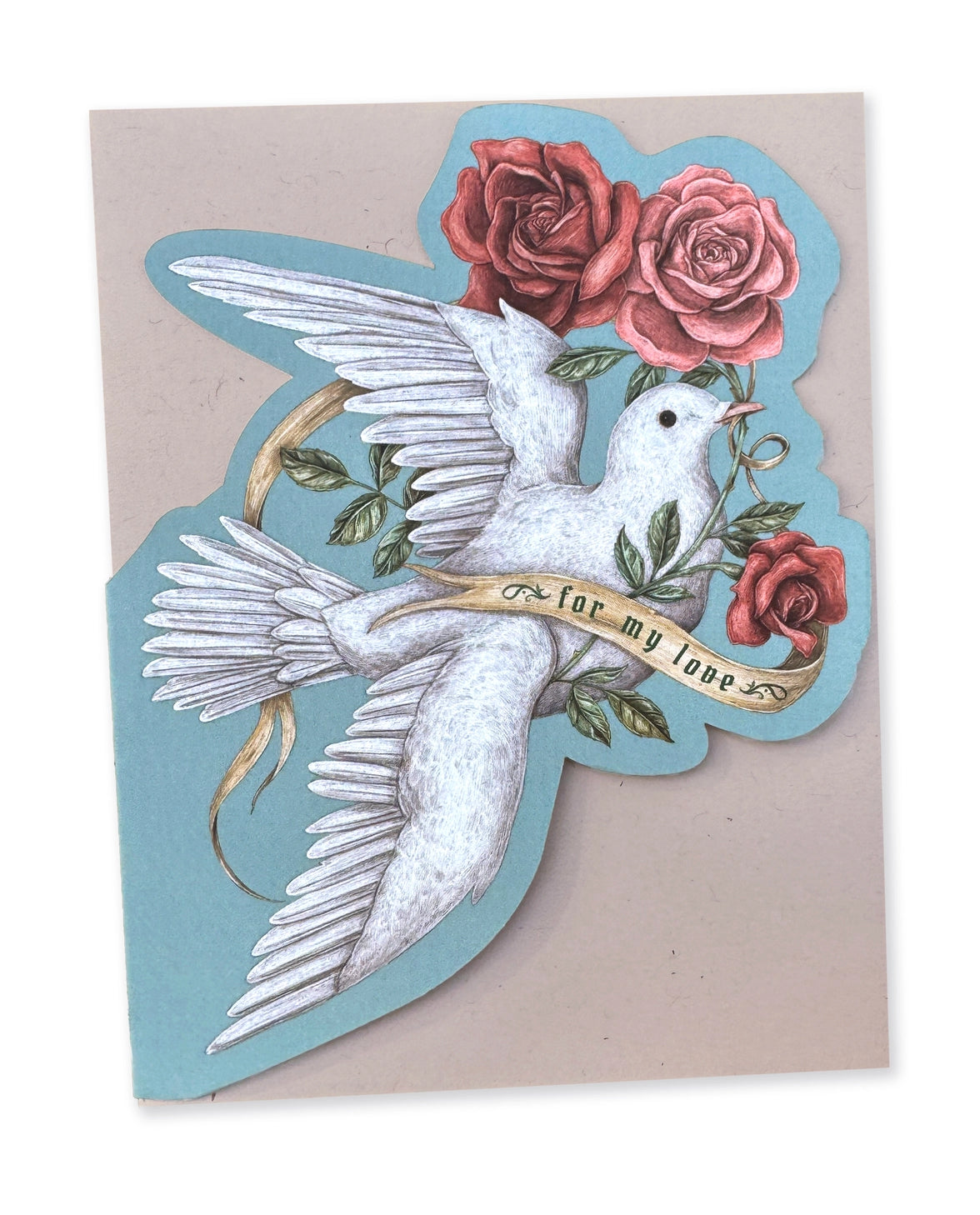 Folding card featuring a dove and roses, illustrated by Jessica Roux. Both doves and roses are symbols of romantic love, and this card is perfect for Valentine's Day, an anniversary, or to tell someone you love them. This card is inspired by Victorian Valentine cards.
Single card with envelope.
A2 size card in a cut-out shape of a dove with roses
Folded
Blank on the inside
Comes with a kraft paper envelope. Packaged in a cello sleeve.
Luxurious, soft-touch coating
