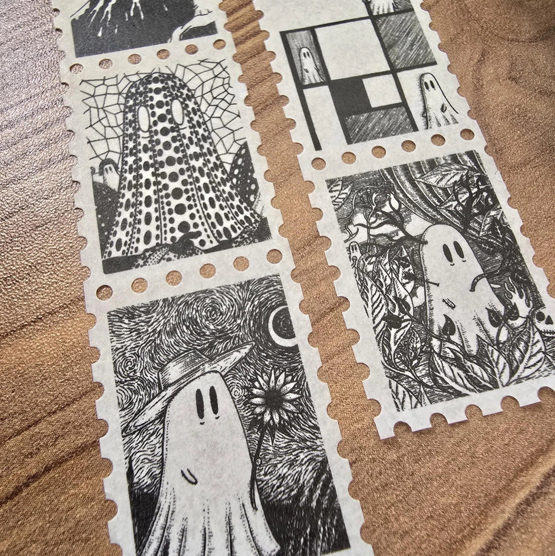 One of two tapes from the Creative Spirits series by Jon Turner, little ghosties taking you on an eclectic tour of art history. This roll features ghosts inspired by Vincent Van Gogh, Frida Kahlo, Piet Mondrian, Claude Monet, Henri Matisse, Hokusai, Malika Favre, Gustav Klimt, Keith Haring, and Yayoi Kusama.
Perforated to look like a roll of postage stamps, this washi tape features a repeating pattern of ten designs in portrait format from hand-drawn pen and ink artwork, recreated in incredible detail at m