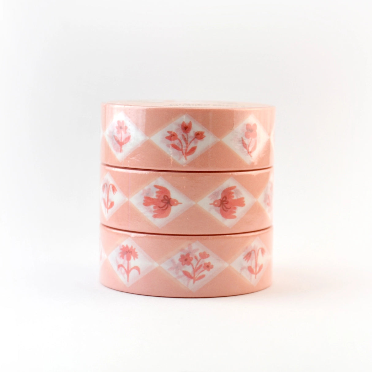 This delightful washi tape features a design of diamonds inset with different flowers and charming flying birds with bows