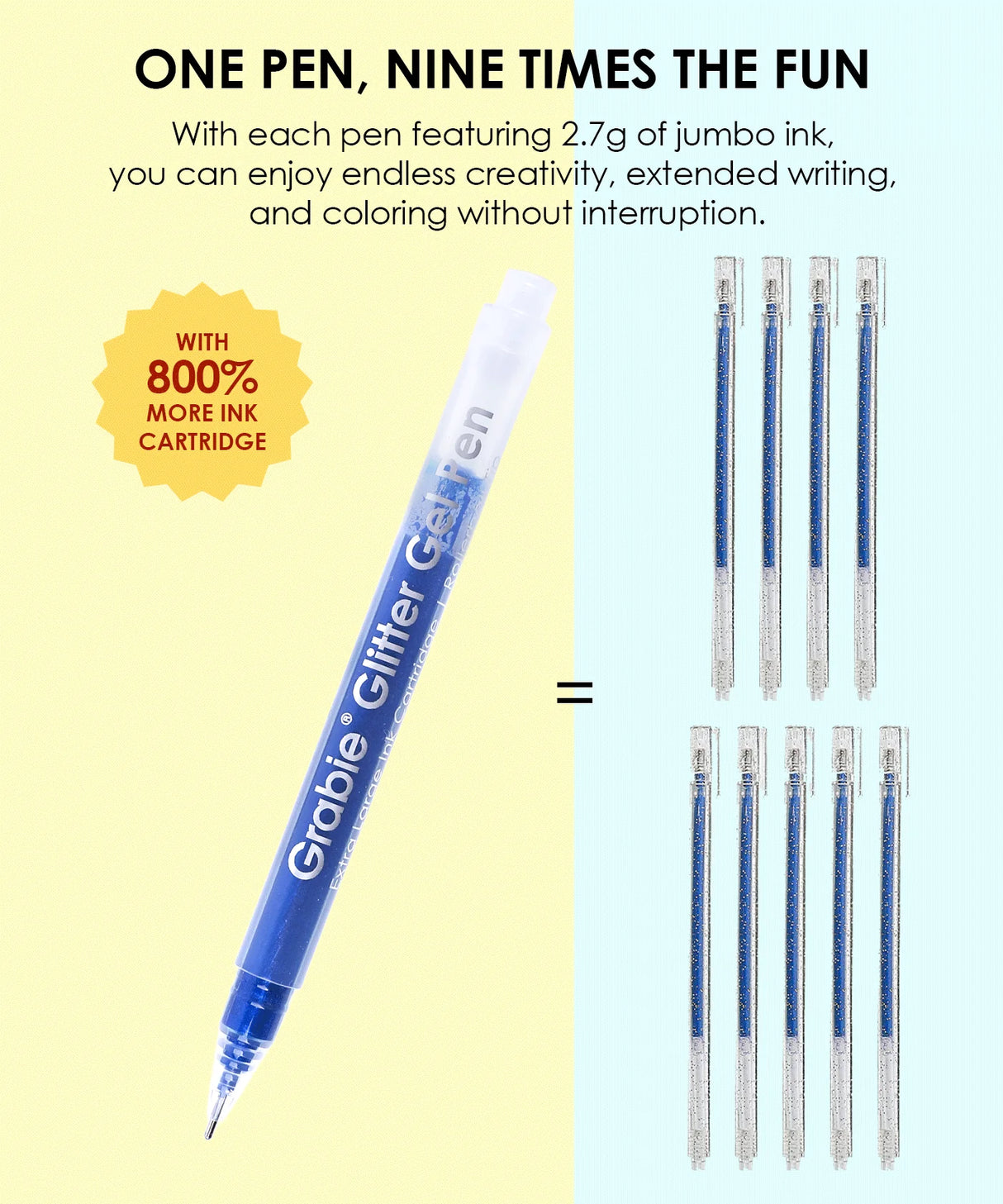 Unleash your creativity and add a touch of sparkle to your artistic endeavors with the upgraded Grabie Glitter Gel Pens. Now featuring an impressive array of 18 vibrant colors, these pens are enhanced with a staggering 800% more ink capacity, allowing you to create for hours without interruption. One pen is equivalent to an astonishing nine standard iridescent glitter gel pens, ensuring your imagination ignites with every stroke. 