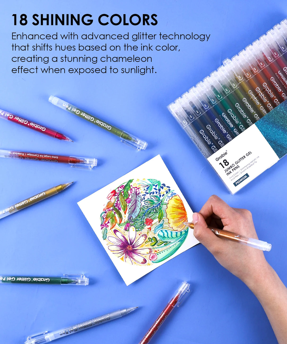Unleash your creativity and add a touch of sparkle to your artistic endeavors with the upgraded Grabie Glitter Gel Pens. Now featuring an impressive array of 18 vibrant colors, these pens are enhanced with a staggering 800% more ink capacity, allowing you to create for hours without interruption. One pen is equivalent to an astonishing nine standard iridescent glitter gel pens, ensuring your imagination ignites with every stroke. 