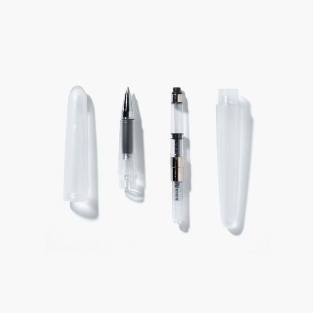 A pen that evokes the texture of frosted glass. Its translucency reveals the internal mechanism as an aesthetic feature. Careful consideration of form and colour palette ensures an elegant presence, even when not in use.
The pen is equipped with thoughtful functionality, including an extended grip section and a screw cap designed for quick access with minimal turns. The visible ink level allows for easy refills.
0.5mm
Includes converter