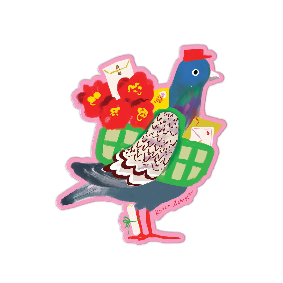 Karen Schipper - Pigeon Post Vinyl Sticker
A charming nod to snail mail, Pigeon Post Sticker features a colorful city pigeon delivering envelopes and bright red flowers tucked into a pair of green mail satchels. Equal parts whimsical and nostalgic, this playful illustration celebrates handwritten notes, happy mail, and the joy of sending something thoughtful.
Made from matte-coated, waterproof vinyl, it’s durable enough for laptops, planners, water bottles, and more.
Measures approximately 3 inches