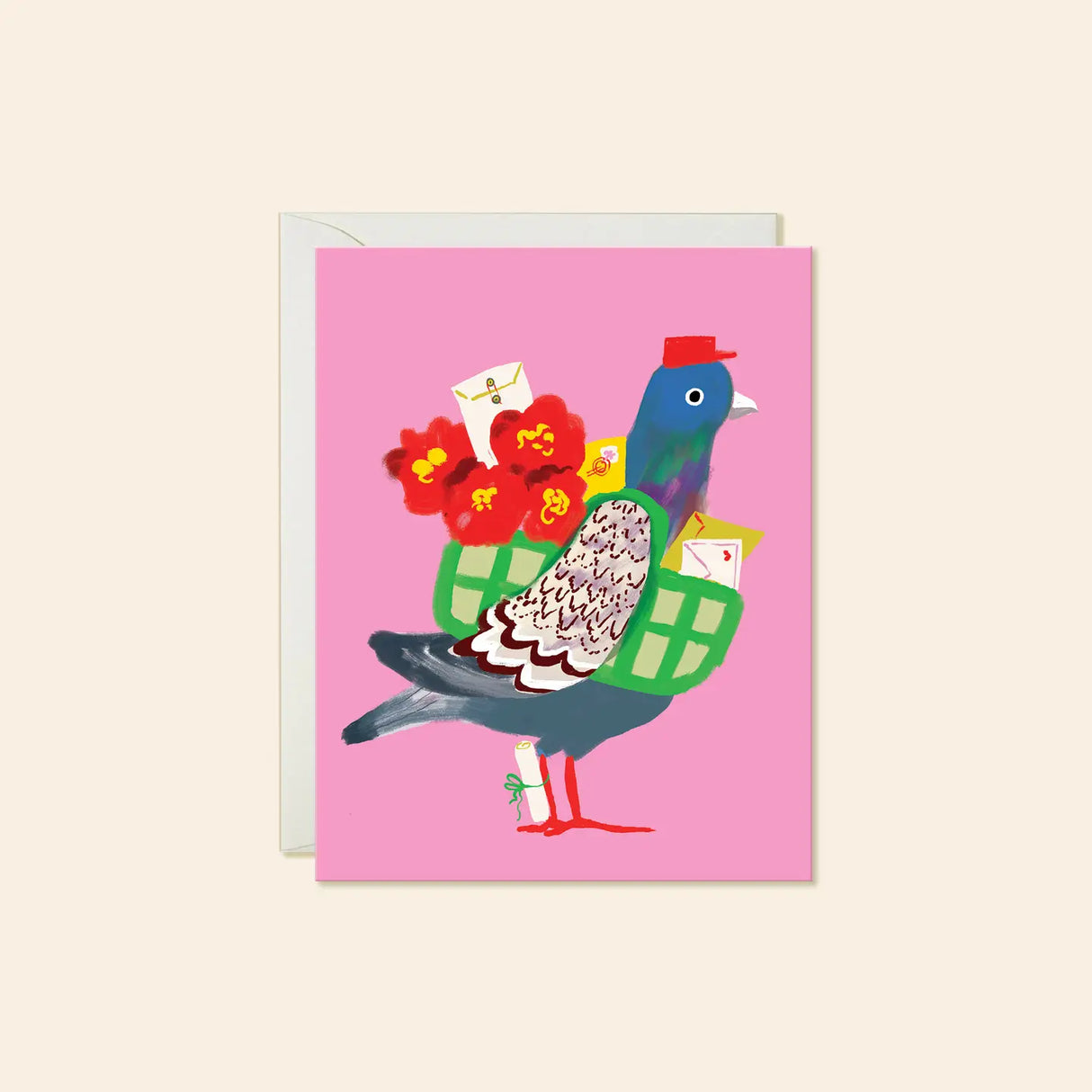 Karen Schipper Greeting Card - Pigeon Post
Not all mail needs a mailbox. Pigeon Post is an illustrated greeting card featuring a proud little carrier pigeon loaded up with bright red flowers and hand-delivered letters — a playful nod to classic snail mail with bold, modern color.
A2 folded card, 4.25" W × 5.5" L
Printed in full color on FSC® certified white cover paper
Blank interior
Single greeting card + euro-flap envelope
Packaged in cello sleeve
Printed locally in US