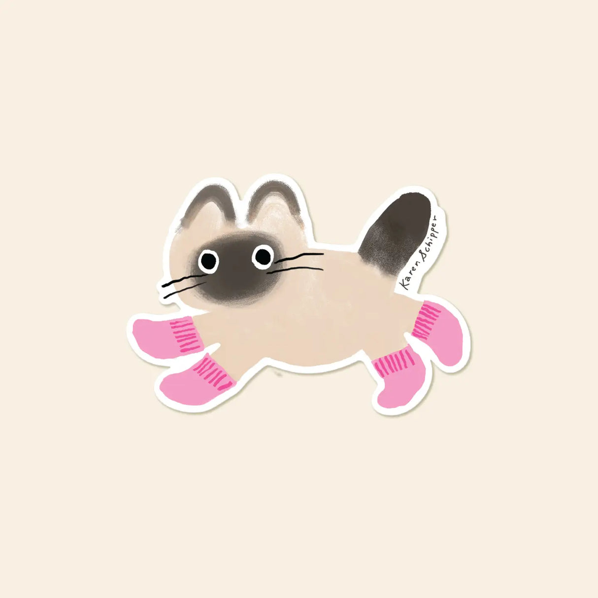 A cat in tiny pink socks is impossible not to smile at. Cat Socks Sticker features a sweet cream-and-black cat padding along in bright pink socks, giving the design a playful, cozy, and instantly giftable feel.
Made from matte-coated, waterproof vinyl, it’s durable enough for laptops, planners, water bottles, and more. It’s an easy impulse add-on for cat people, best friends, and shoppers looking for a small but meaningful gift.
Measures approximately 3 inches
Matte coating; durable, waterproof, and scrat
