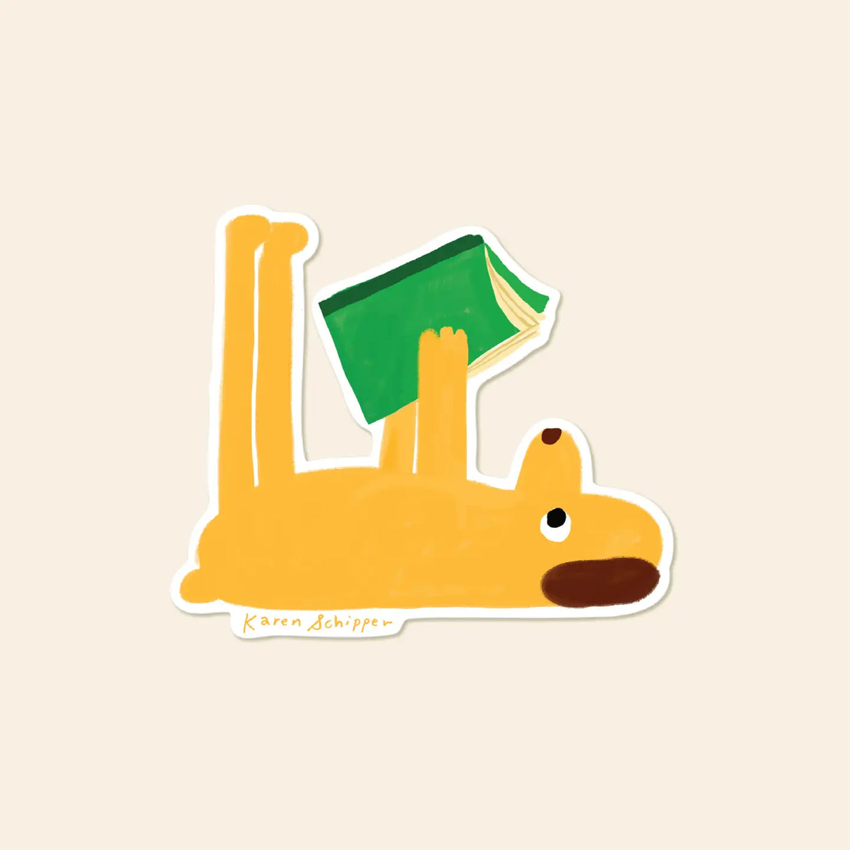 Book stickers are always a win in checkout displays — and this one is especially hard to resist. Reading Dog Sticker features a bright yellow pup stretched out on its back with a green book held high, making it an instantly recognizable book sticker for readers who love a little humor.
Made from matte-coated, waterproof vinyl, it’s durable enough for laptops, planners, water bottles, and more. It’s an easy impulse add-on for cat people, best friends, and shoppers looking for a small but meaningful gift.
M