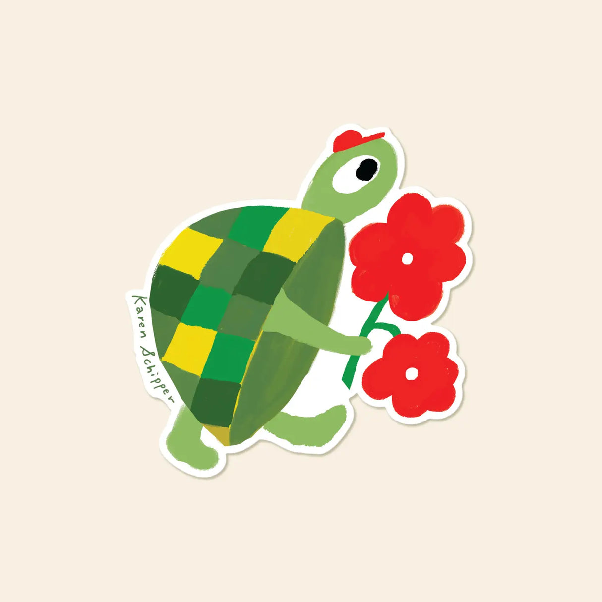 Karen Schipper Vinyl Sticker - Turtle Flowers
Sweet, cheerful, and full of character, the Turtle Flowers Vinyl Sticker brings a splash of color and whimsy to any surface. A friendly turtle carries bright red blooms on its patterned green shell, capturing Karen Schipper’s playful hand-drawn style.
Made from matte-coated, waterproof vinyl, it’s durable enough for laptops, planners, water bottles, and more. It’s an easy impulse add-on for cat people, best friends, and shoppers looking for a small but meaning