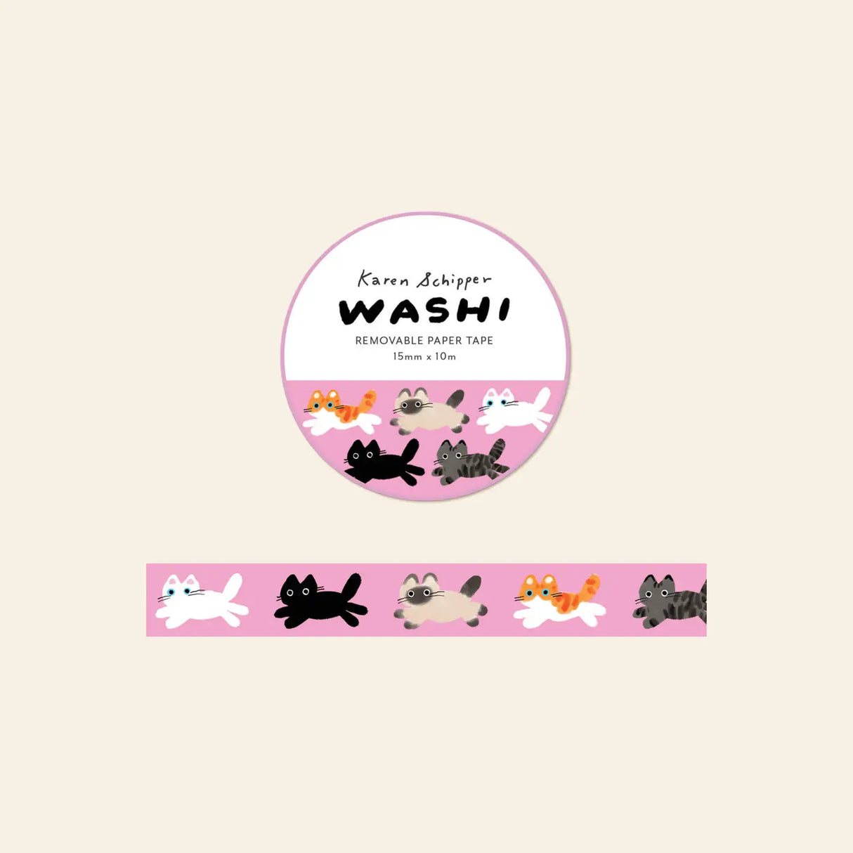 The illustrated cats stretch, leap, and lounge across a soft pink background, giving this decorative paper tape a playful look for journals, packages, planners, and happy mail.
Tape dimensions: 15mm x 10m
Each tape is approx. 1.75” x 1.75” x 0.65”
Packaged in clear plastic with two round branded stickers on each side of the roll
Designed in the USA, made in China