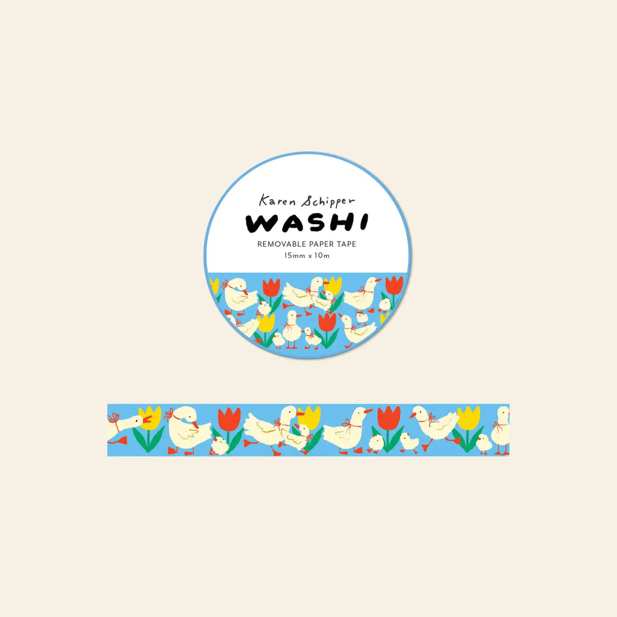 Karen Schipper Washi Tape - Duck & Tulip
A cheerful little spring scene rolls across the Tulip & Duck Washi Tape, with illustrated ducks, ducklings, and bright tulips on a sky blue background. This decorative paper tape is a sweet pick for garden-inspired stationery, seasonal displays, planners, and gift wrap.
Tape dimensions: 15mm x 10m
Each tape is approx. 1.75” x 1.75” x 0.65”
Packaged in clear plastic with two round branded stickers on each side of the roll
Designed in the USA, made in C