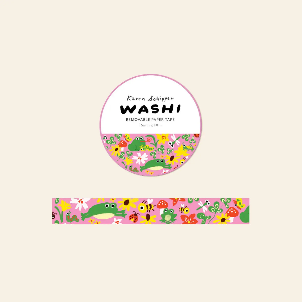 Karen Schipper Washi Tape - Garden Toad
Frogs, flowers, mushrooms, bees, and tiny garden bugs come together on the Garden Toad Washi Tape, a whimsical decorative paper tape with playful illustrated style. Set against a pink background, this washi tape feels colorful, cheerful, and perfect for those who love nature-inspired stationery.
Tape dimensions: 15mm x 10m
Each tape is approx. 1.75” x 1.75” x 0.65”
Packaged in clear plastic with two round branded stickers on each side of the roll
Designed in t