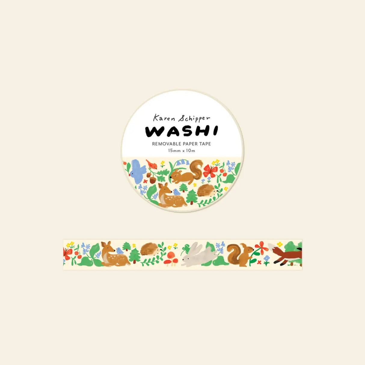 Karen Schipper Washi Tape - Woodland
A whole woodland scene winds across the Woodland Washi Tape, featuring illustrated deer, rabbits, squirrels, hedgehogs, foxes, birds, and flowers. This decorative paper tape has a soft, storybook feel that makes it especially appealing for nature lovers, journalers, and those drawn to whimsical stationery.
Tape dimensions: 15mm x 10m
Each tape is approx. 1.75” x 1.75” x 0.65”
Packaged in clear plastic with two round branded stickers on each side of the roll
Desig