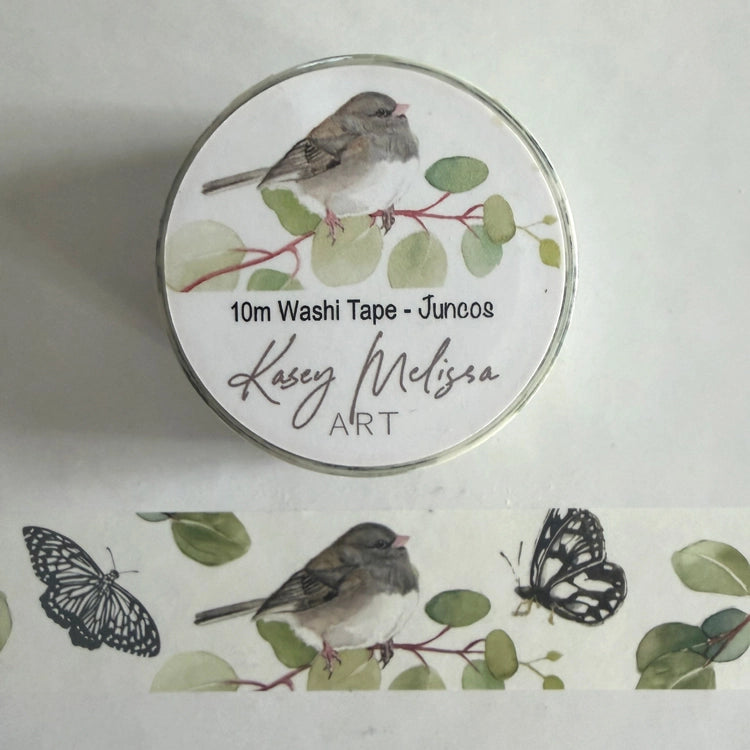 Dark eyed junco birds and butterflies washi tape. Add a bit of whimsical color to your journal, letters or scrapbooking. Put a bird on it!
• Eco-friendly, high-quality washi tape
• Size: 25.4mm x 10m
• Sold individually
• Shrink-wrapped with a coordinating hand designed label
• Hand painted design by Kasey Lewis
• Imported
Images and art copyright Kasey Melissa Art