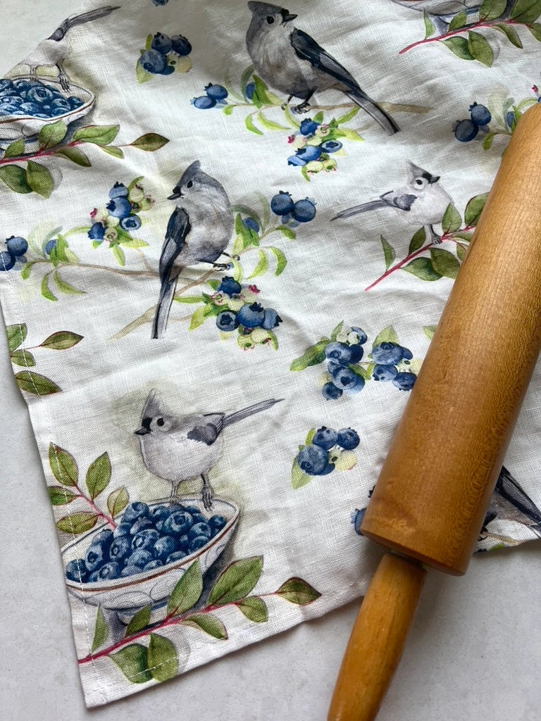 Kasey Melissa Art - Tufted Titmouse and Blueberries Linen Tea Towel