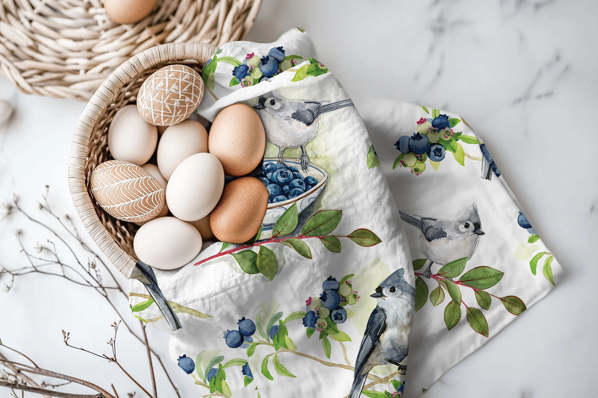 Kasey Melissa Art - Tufted Titmouse and Blueberries Linen Tea Towel