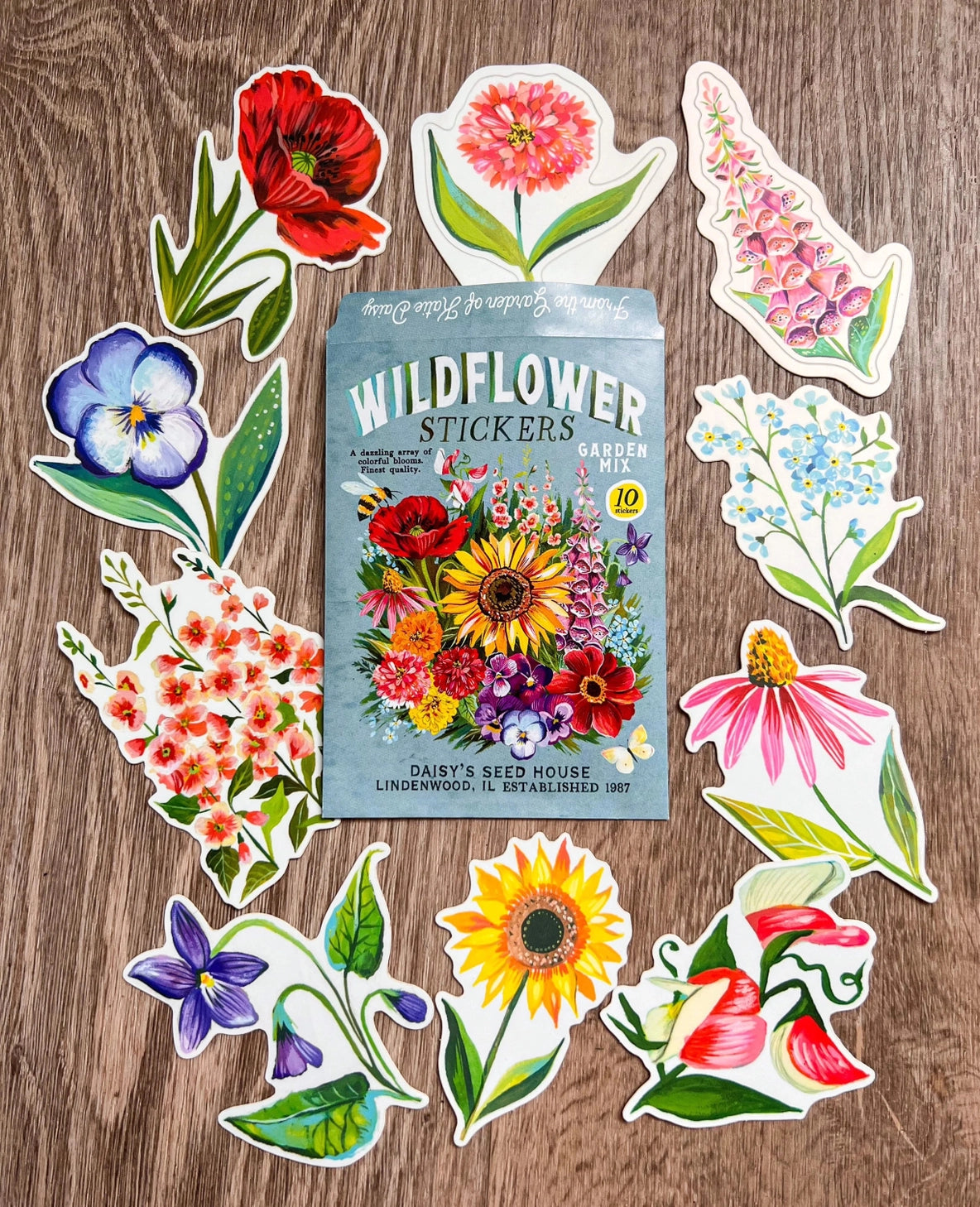 Wildflower Sticker Pack - Set of 10 Matte Stickers by Katie Daisy
From The Garden of Katie Daisy:
Adorn your laptop, water bottle, packages and so much more with this set of vibrant wildflower STICKERS!! You'll receive 10 floral stickers in a seed packet! (This listing is not for wildflower seeds ;) )
