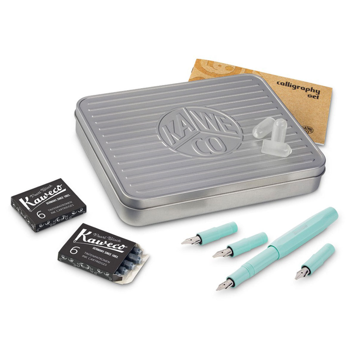 Kaweco Calligraphy Set - Mint
The timeless model of the Sport series in the large calligraphy set
The Calligraphy Sport Set includes a Kaweco Sport Fountain Pen in the color Mint, four front parts with different calligraphy nib sizes (1.1 mm, 1.5 mm, 1.9 mm and 2.3 mm), three protective caps for the interchangeable front parts, and two packs of Kaweco ink cartridges in the color Pearl Black.
In 1911, something special was created with the Kaweco Sport. The pocket fountain pen has a size of only 10.5 cm w