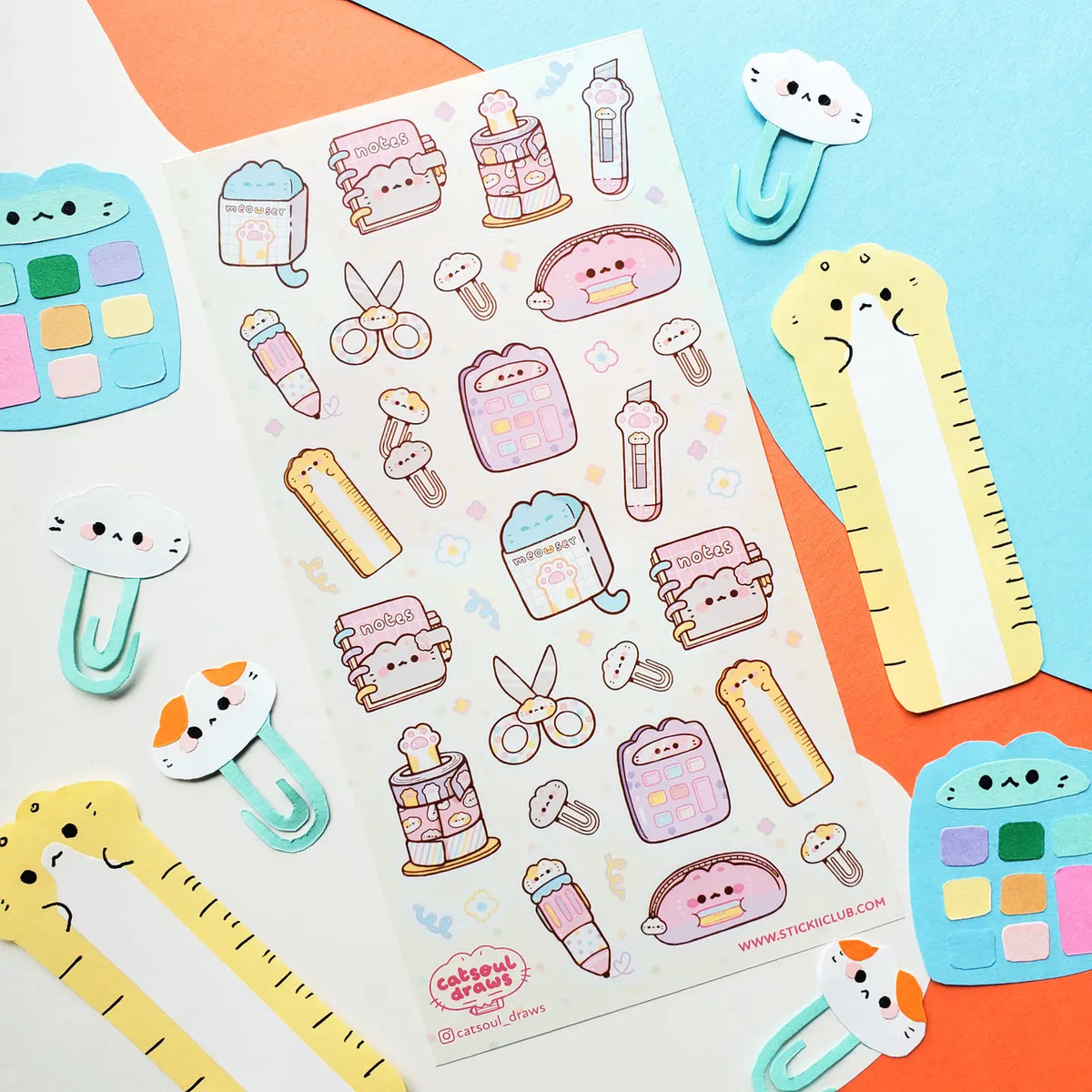 @catsoul_draws has put together the sweetest set of supplies, where even the stationery comes with whiskers and toe beans! From paw-print box cutters and cat-shaped rulers to notebooks, scissors, calculators, and washi tape, these kawaii supplies are here to make any workday a little more pawsitive.
Art by: @catsoul_draws
One sticker sheet is included.
Top Coating: None
Adhesive Layer: Paper
Backing Layer: Clear PET
Size: 6.69"x3.54"
Weight-0.03oz
