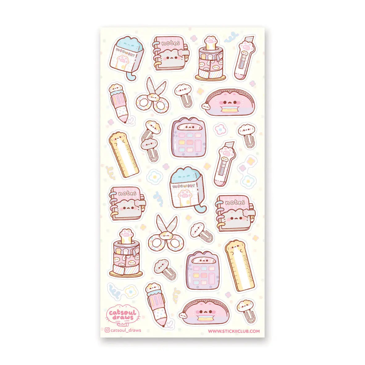 @catsoul_draws has put together the sweetest set of supplies, where even the stationery comes with whiskers and toe beans! From paw-print box cutters and cat-shaped rulers to notebooks, scissors, calculators, and washi tape, these kawaii supplies are here to make any workday a little more pawsitive.
Art by: @catsoul_draws
One sticker sheet is included.
Top Coating: None
Adhesive Layer: Paper
Backing Layer: Clear PET
Size: 6.69"x3.54"
Weight-0.03oz