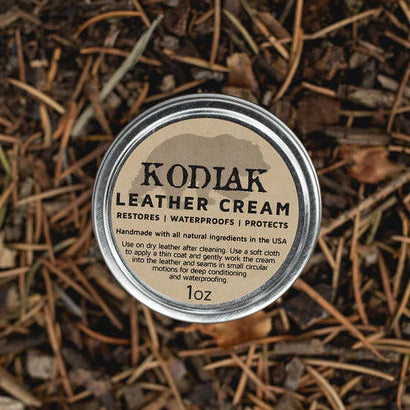 Kodiak Leather Cream - 1oz Tin
RESTORE | WATERPROOF | PROTECT
A light-thick cream with additional beeswax which provides superior waterproofing without heavy waxes.
Our handmade, all-natural, semi-thick wax conditioner offers maximum protection and restoration, adding years of life to your leather goods. Ideal for leathers that need extra protection, touched up, and those frequently exposed to the elements.
The convenient 1 oz. size is perfect to keep in the car, boat, at work or where it's most ne