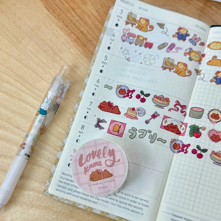 Kuma, BanBan, Shippo, and Dango in themed washi tapes of their own.
Lovely Kuma, BanBan’s Playtime, Lucky Shippo, and Dango’s Dreamy Deco
15mm washi tapes perfect for deco and using as stickers.