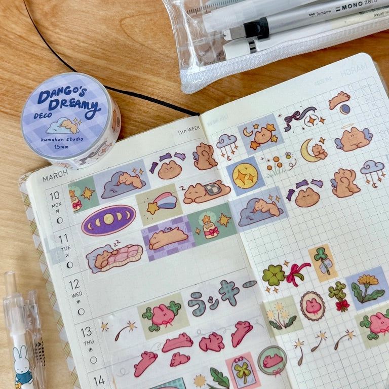 Kuma, BanBan, Shippo, and Dango in themed washi tapes of their own.
Lovely Kuma, BanBan’s Playtime, Lucky Shippo, and Dango’s Dreamy Deco
15mm washi tapes perfect for deco and using as stickers.
